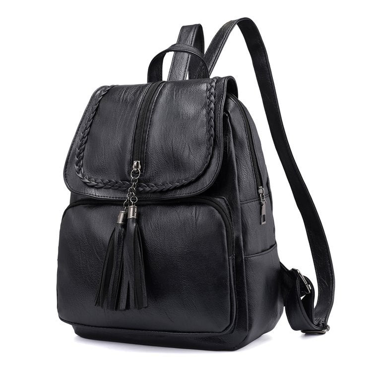 WOMEN'S CITY BACKPACK BLACK WITH POCKET LIGHTWEIGHT WITH TASSEL