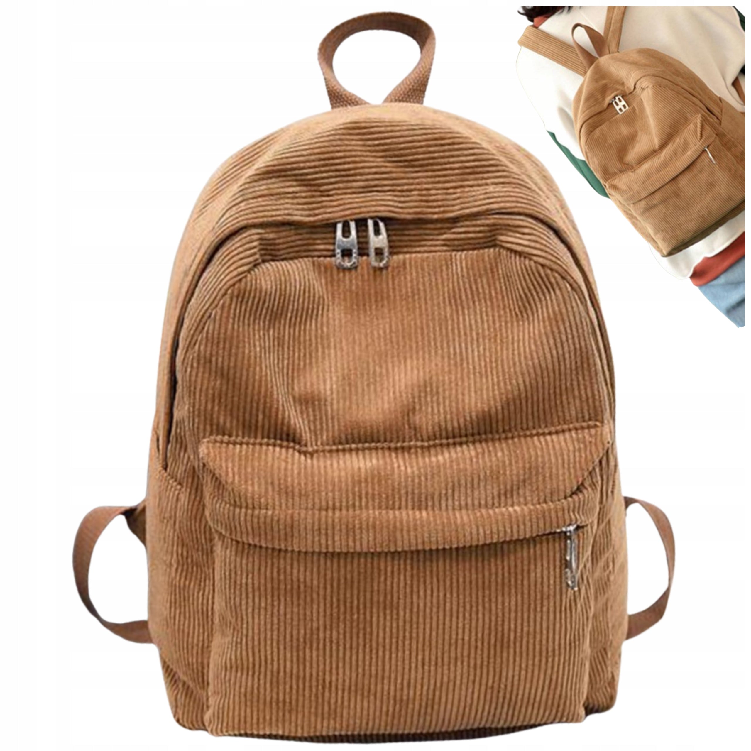 WOMEN'S CORDUROY BACKPACK SMALL ELEGANT URBAN BROWN LUGGAGE Brand no brand
