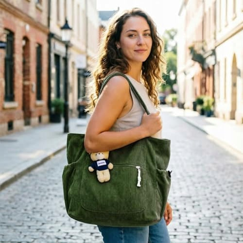 WOMEN'S CORDUROY BEACH BAG GREEN WITH SHOPPING POCKETS FOR HOME Manufacturer code SWC5908807161373