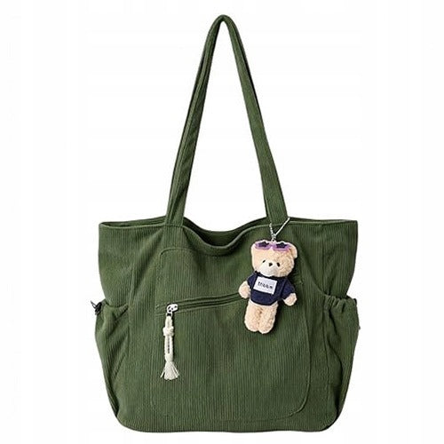 WOMEN'S CORDUROY BEACH BAG GREEN WITH SHOPPING POCKETS FOR HOME