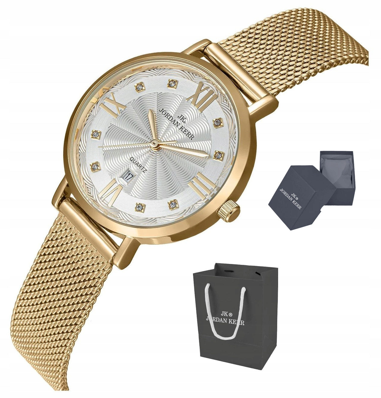 WOMEN'S ELEGANT GOLD WATCH JORDAN KERR P9006 IPG ST 32 mm RHINESTONE MESH