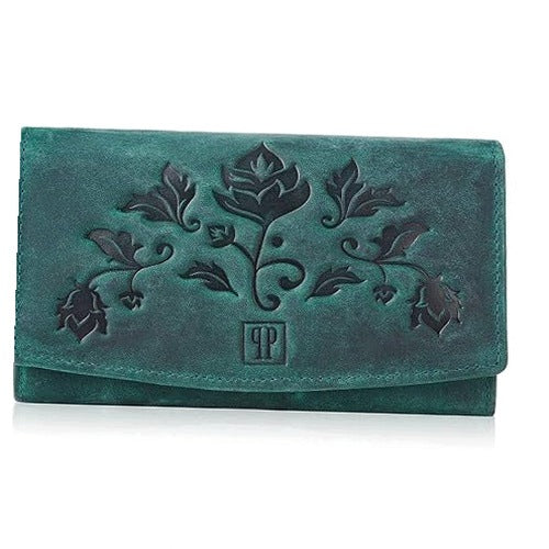 WOMEN'S LEATHER WALLET LARGE WITH PROTECTION RFID RETRO GREEN FOR WOMEN