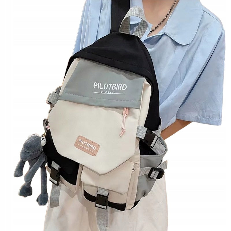 WOMEN'S SCHOOL BACKPACK CREAM BLACK Youth + KEYCHAIN FROG Pin Brand Likado