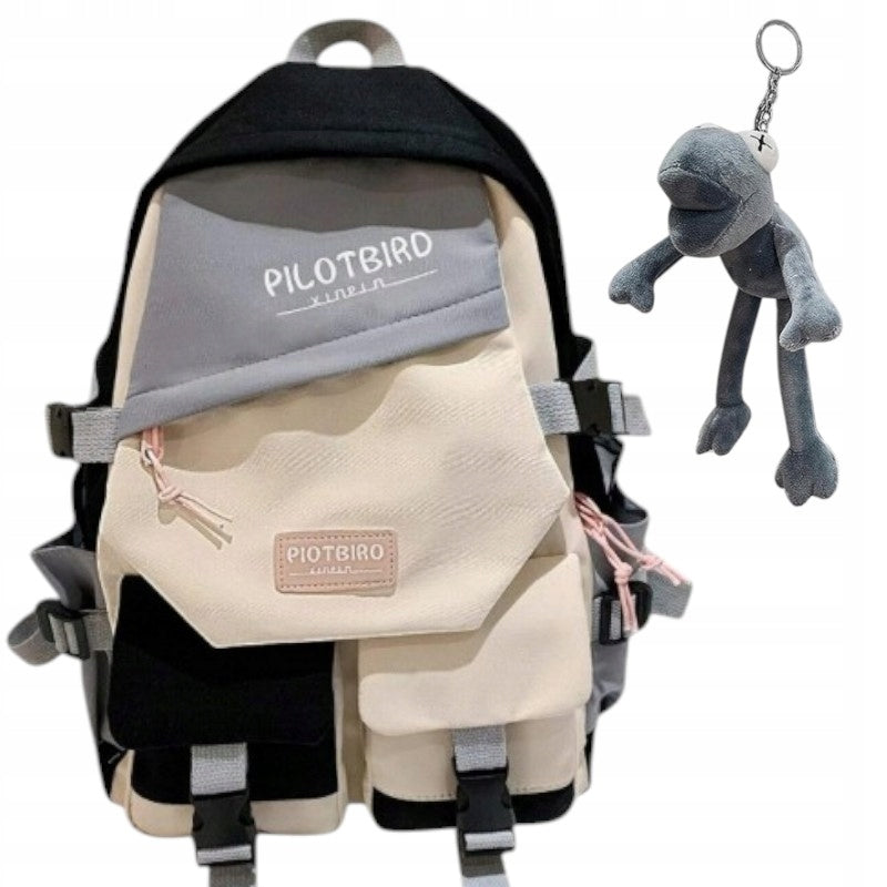 WOMEN'S SCHOOL BACKPACK CREAM BLACK Youth + KEYCHAIN FROG Pin