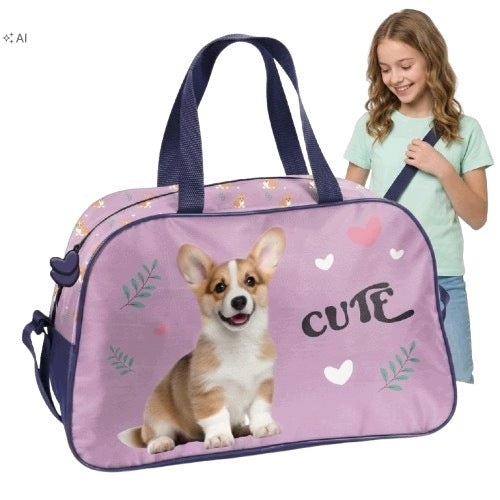 WOMEN'S SCHOOL SPORTS BAG FOR GIRLS TO SCHOOL PINK CORGI DOG