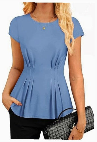 WOMEN'S SUMMER PEPLUM BLOUSE WITH SHORT SLEEVES ROUND NECKLINE FOR WORK