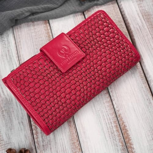 WOMEN'S WALLET LEATHER RASPBERRY BRAIDED LARGE FOR CARDS GIFT FOR WOMEN Manufacturer code Bez marki