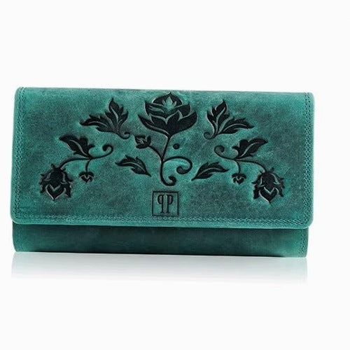 WOMEN'S WALLET LEATHER VINTAGE FLORAL GREEN RFID FOR WOMAN