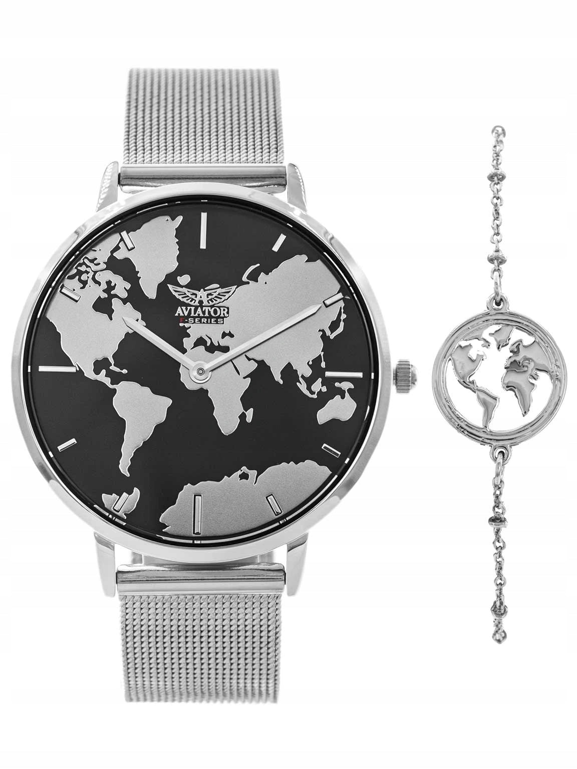 WOMEN'S WATCH AVIATOR AVAW9692SET SILVER WORLD MAP + BRACELET Brand Aviator