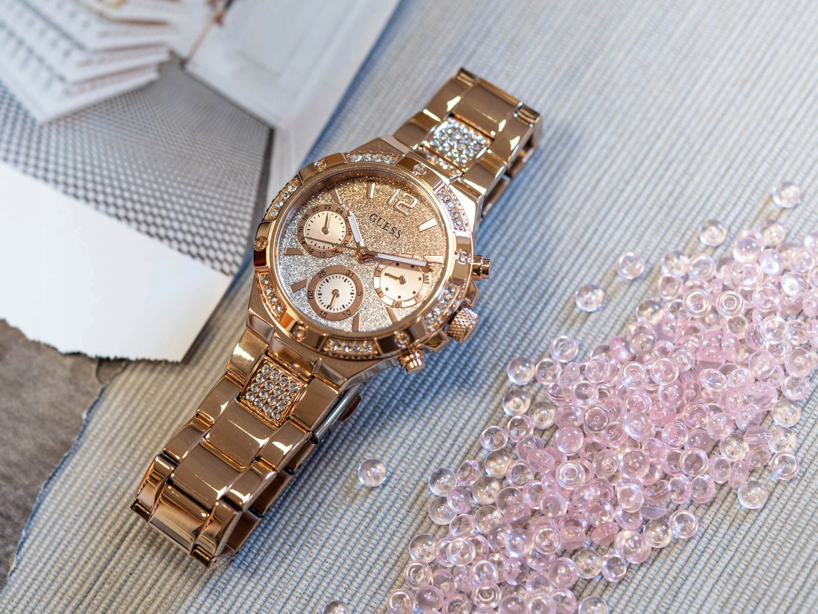 WOMEN'S WATCH GUESS GW0950L4 HARLOW PINK-GOLD GLAMOUR RHINESTONES Brand Guess