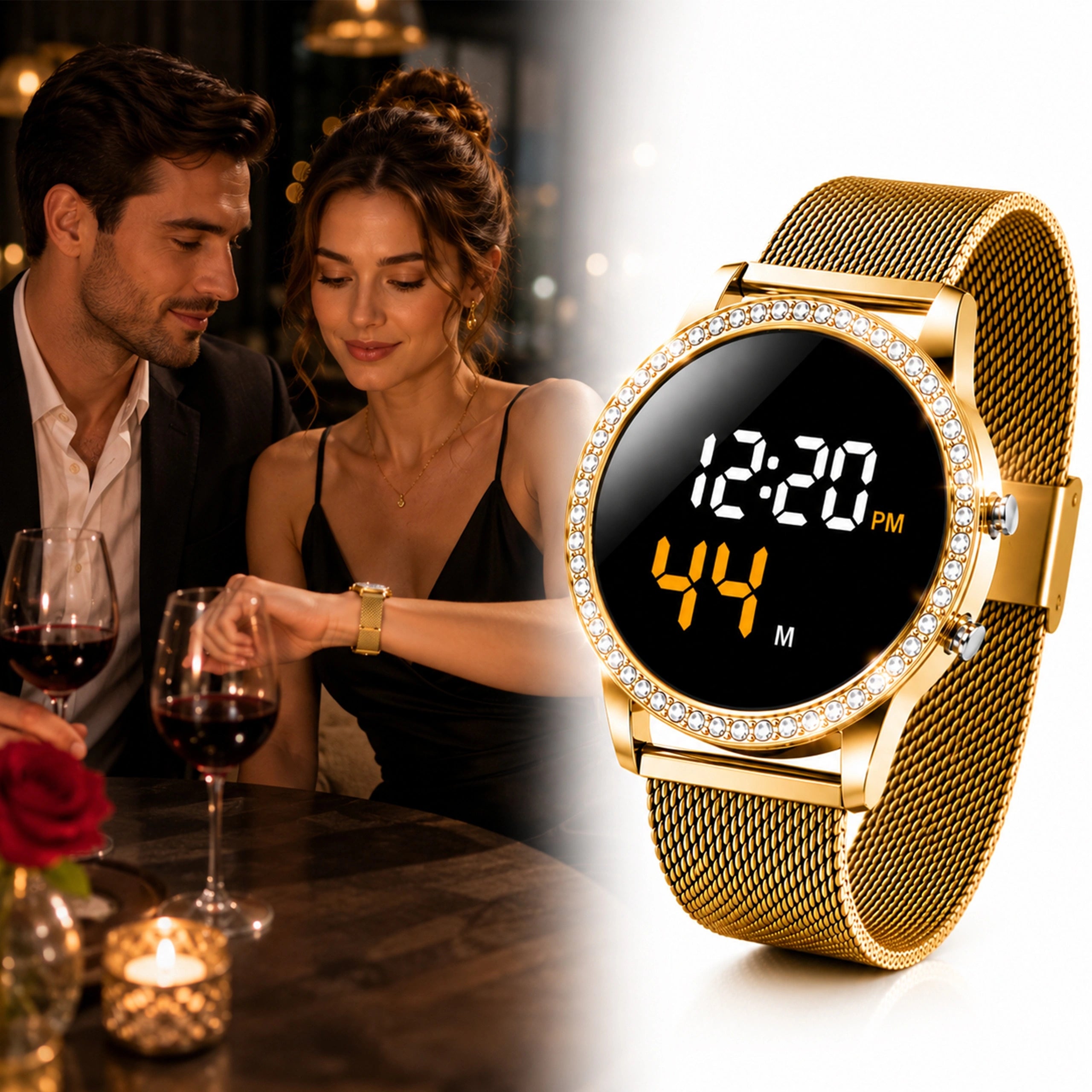 WOMEN'S WATCH LED GOLD ELECTRONIC MAGNETIC BRACELET MESH RHINESTONES Brand Kurren