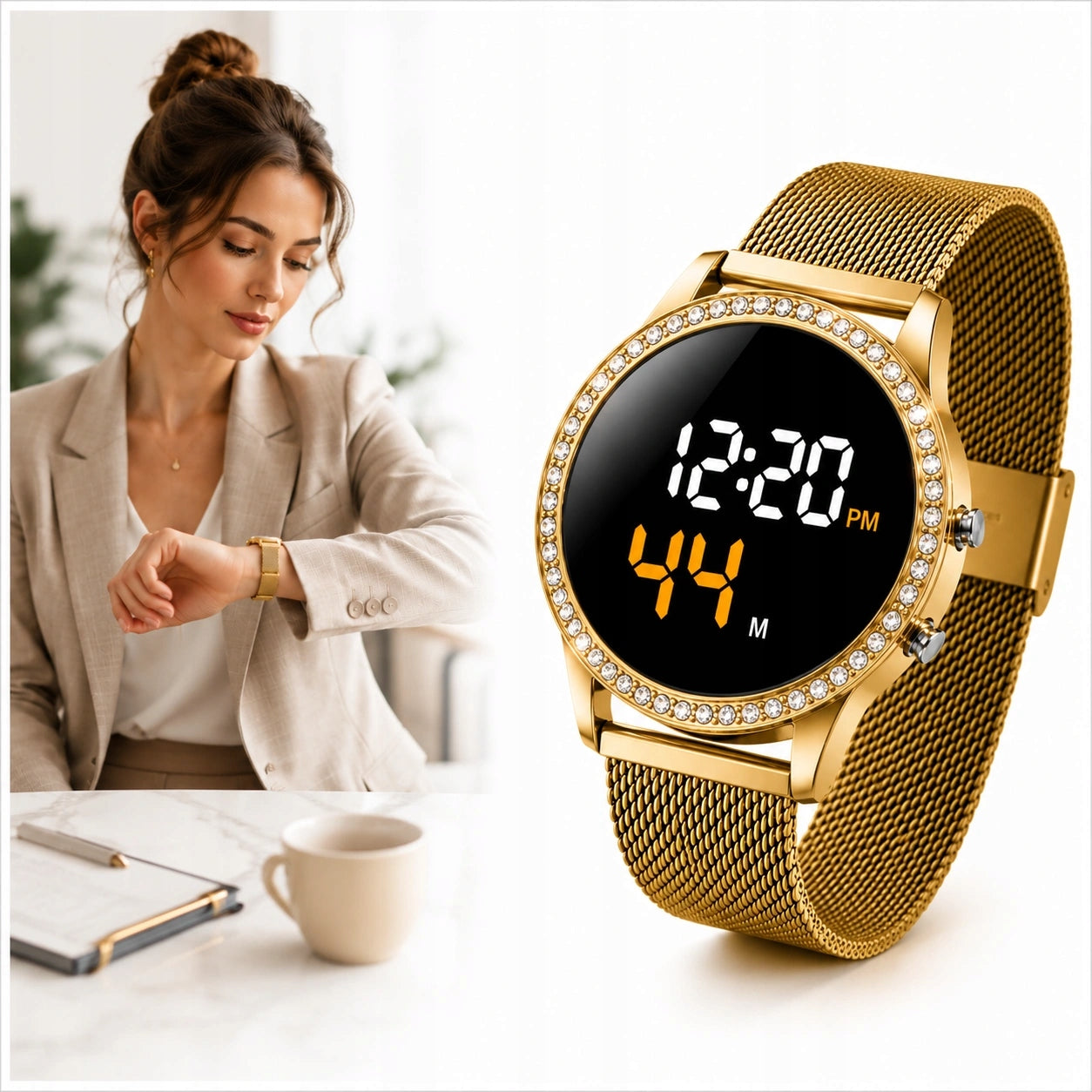WOMEN'S WATCH LED GOLD ELECTRONIC MAGNETIC BRACELET MESH RHINESTONES