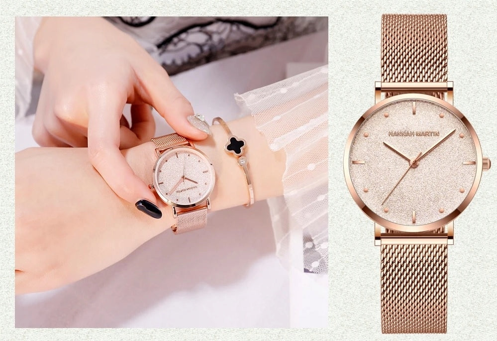 WOMEN'S WATCH ROSE GOLD ON BRACELET MESH HANNAH MARTIN ELEGANT BEAUTIFUL Brand Hannah Martin