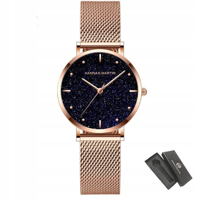 WOMEN'S WATCH ROSE GOLD ON BRACELET MESH HANNAH MARTIN ELEGANT BEAUTIFUL