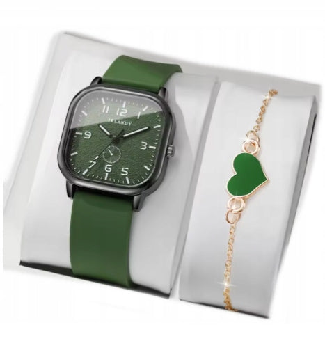 WOMEN'S WATCH WITH RUBBER STRAP GREEN SET + BRACELET 1568