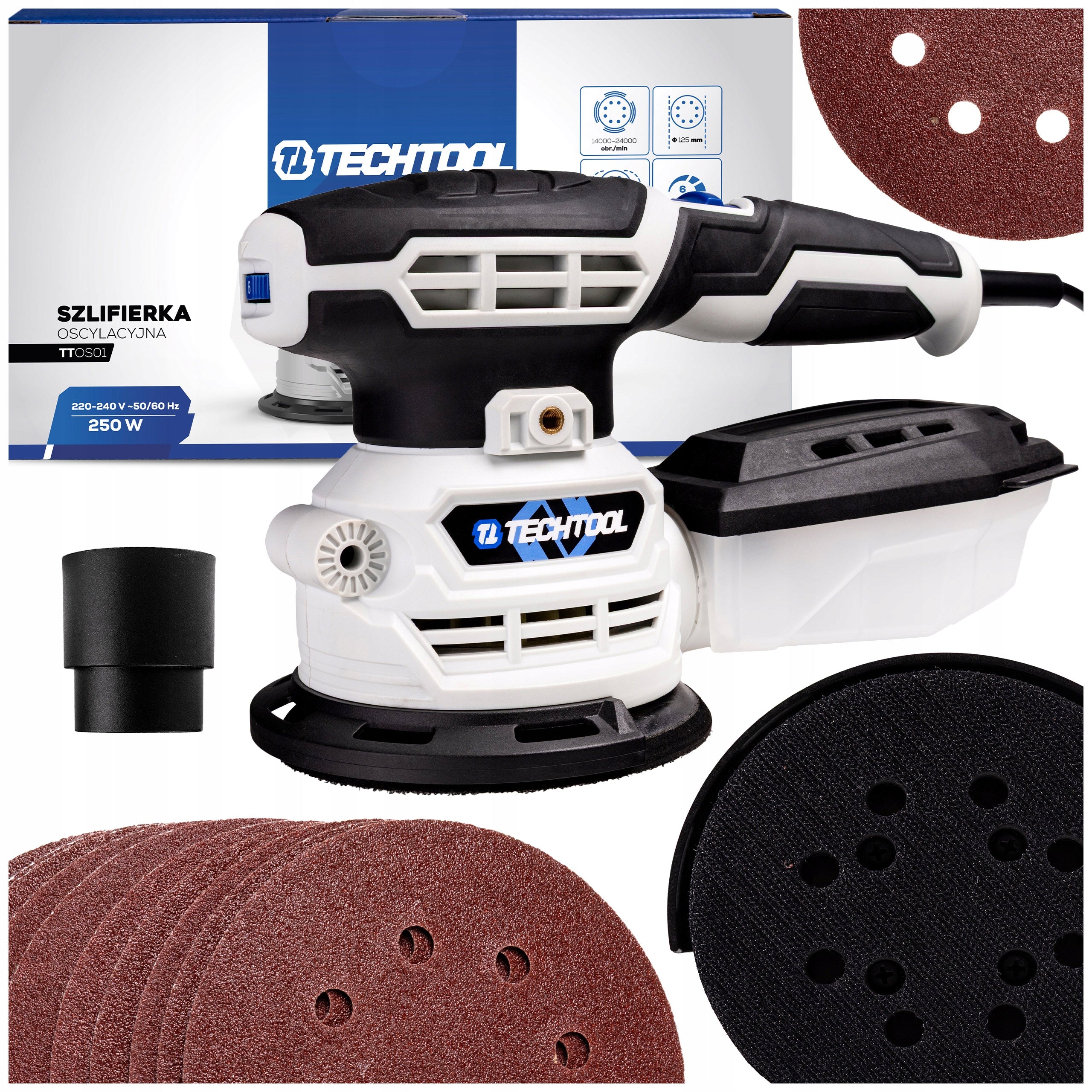 WOOD ECCENTRIC OSCILLATING GRINDER 125MM + SANDPAPERS 10 PCS