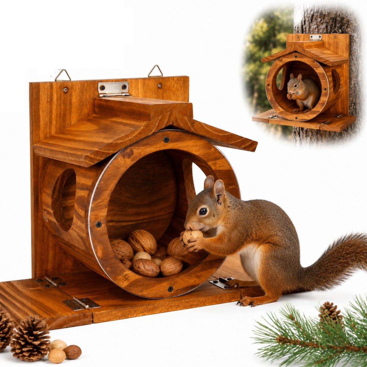 WOOD SQUIRREL FEEDER, SQUIRREL HOUSE WITH FEEDING STATION