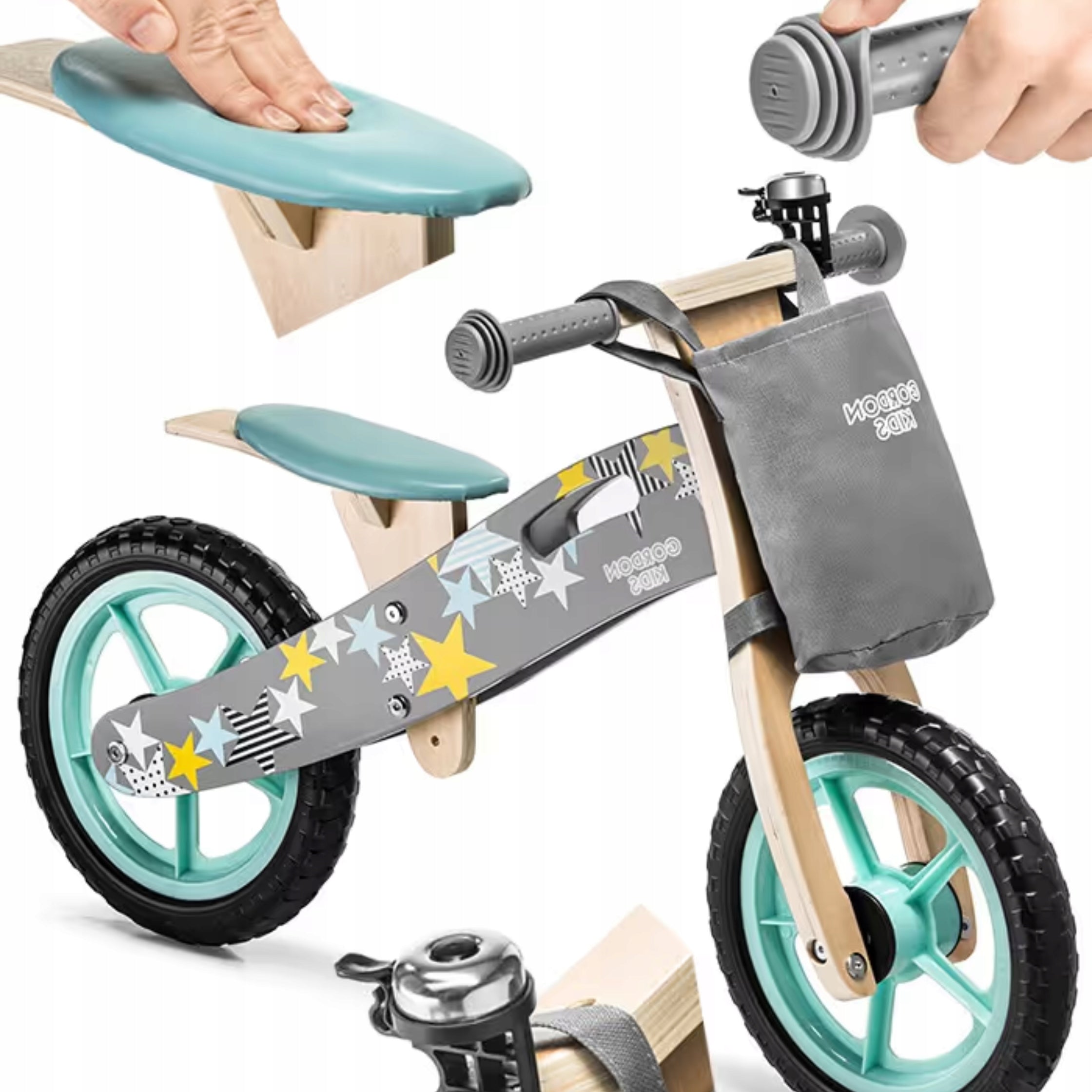 WOODEN BALANCE BIKE 12" BOY GREY EVA WHEELS + BAG + BELL