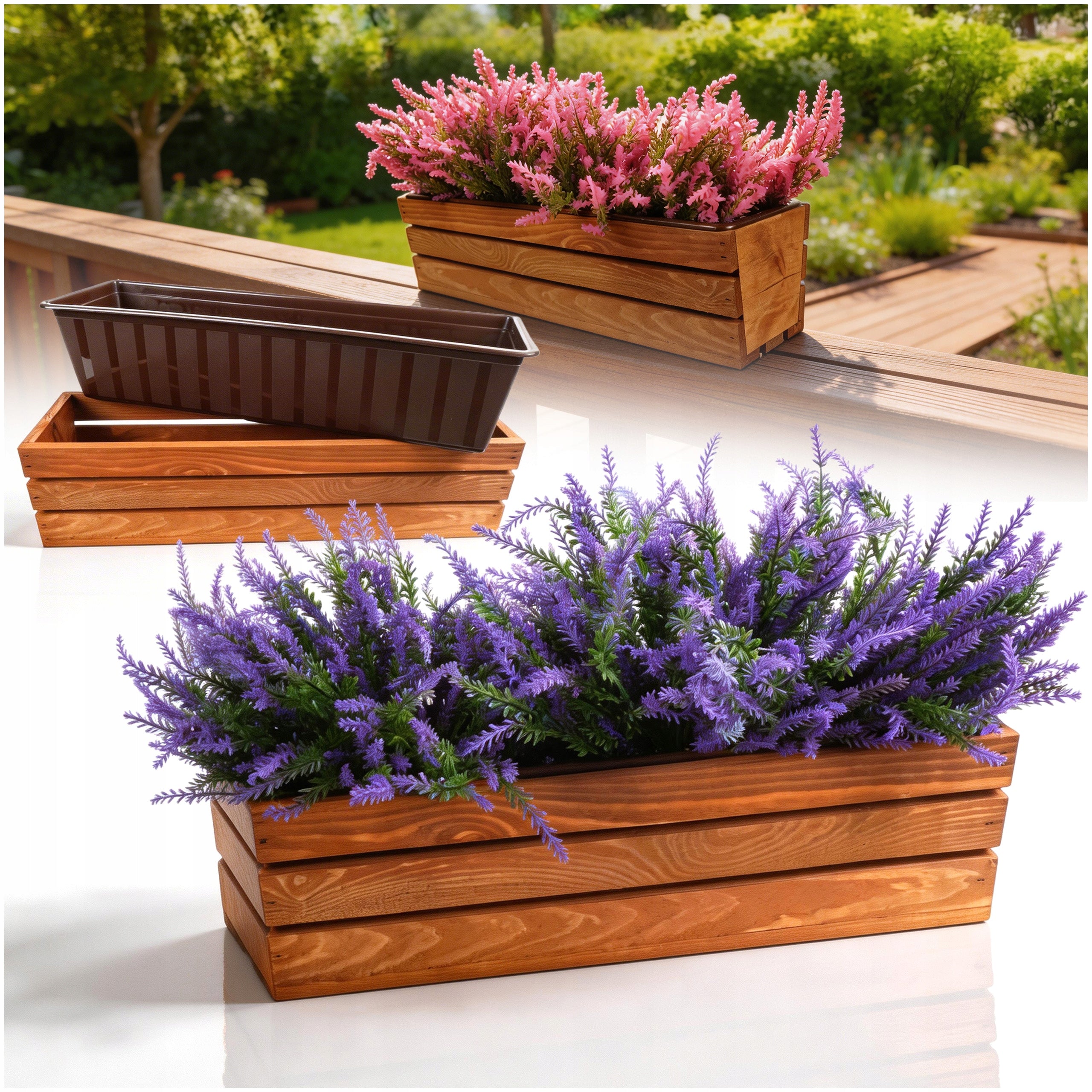 WOODEN BALCONY BOX FOR FLOWERS HERBS PLASTIC INSERT BALCONY 51 CM