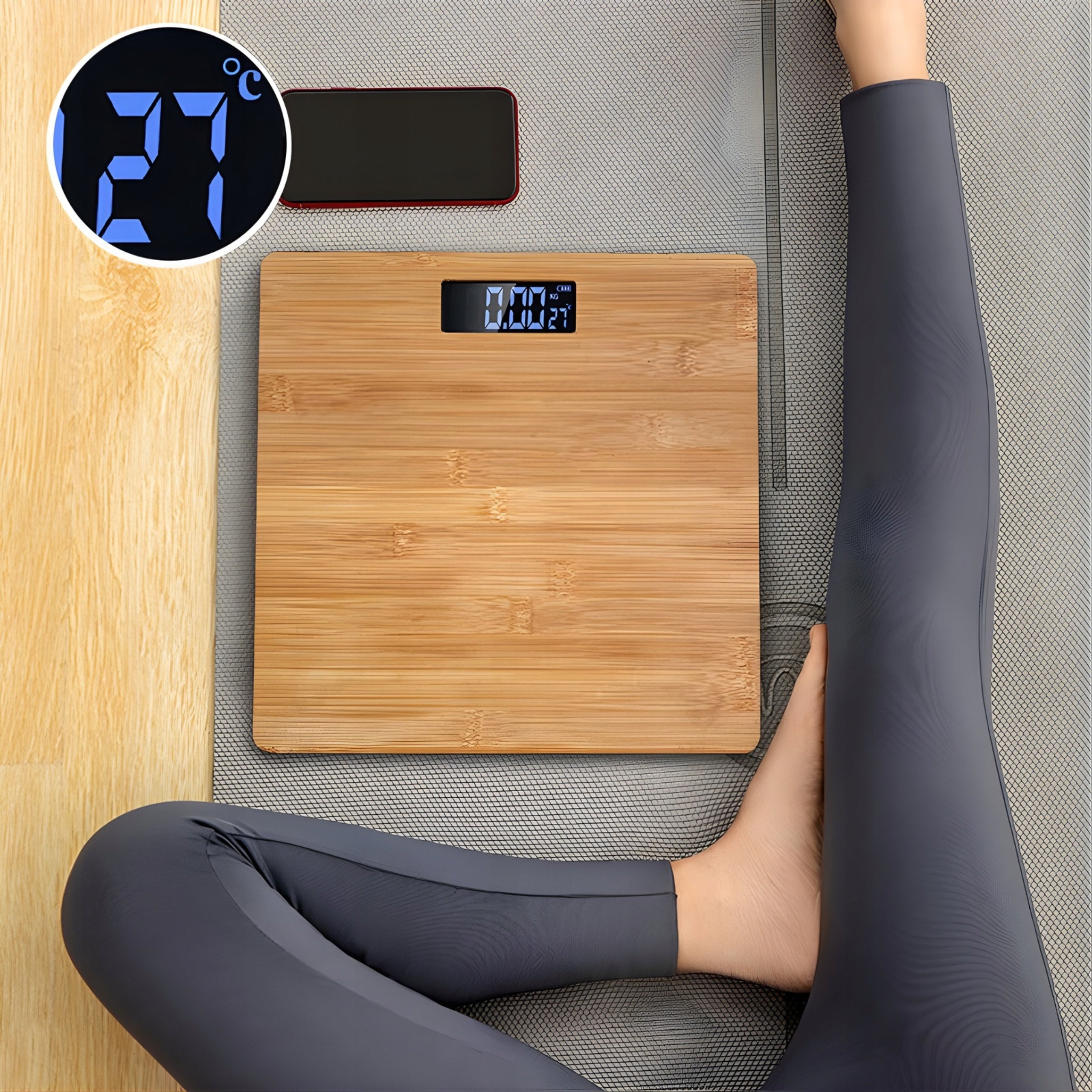 WOODEN BATHROOM SCALE Bamboo LCD THERMOMETER Electronic 175KG Packaging status original