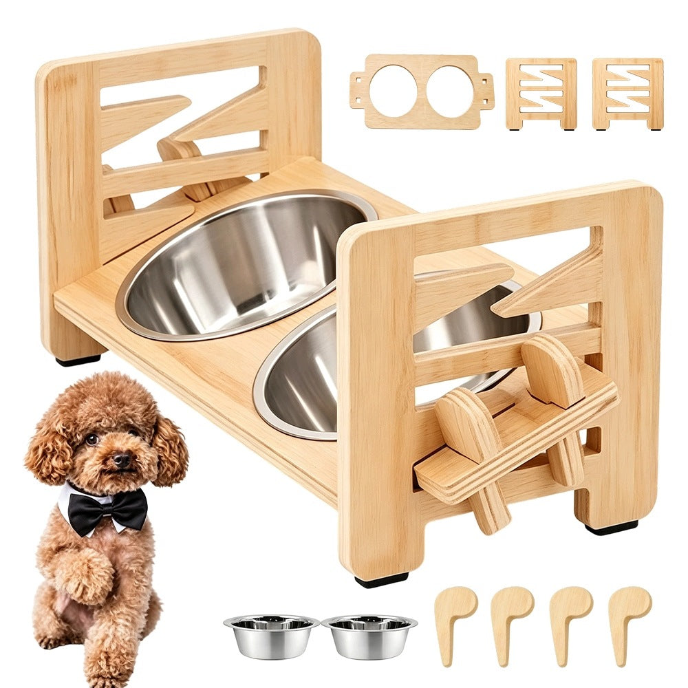 WOODEN DOG CAT STEEL BOWL STAND ADJUSTABLE HEIGHT