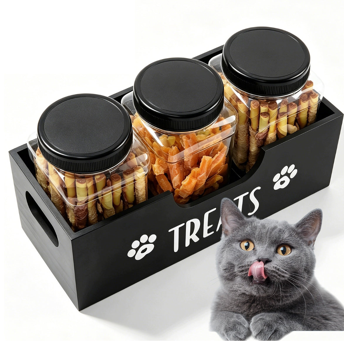 WOODEN DOG FOOD ORGANIZER WITH 3 AIRTIGHT JARS FOR TREATS