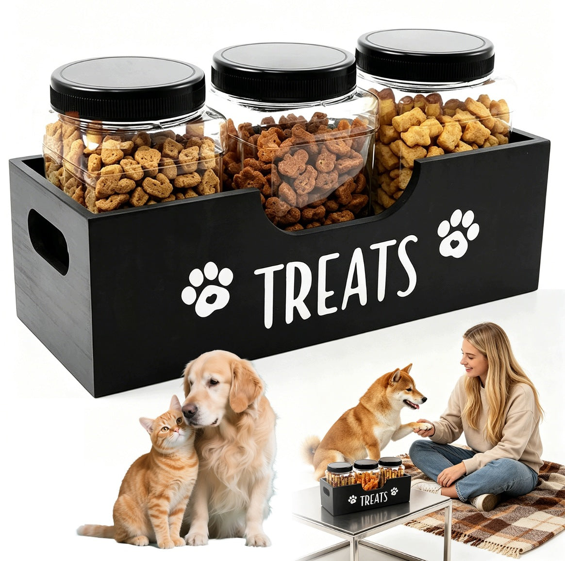 WOODEN DOG TREAT CONTAINER WITH 3 CONTAINERS ORGANIZER BLACK