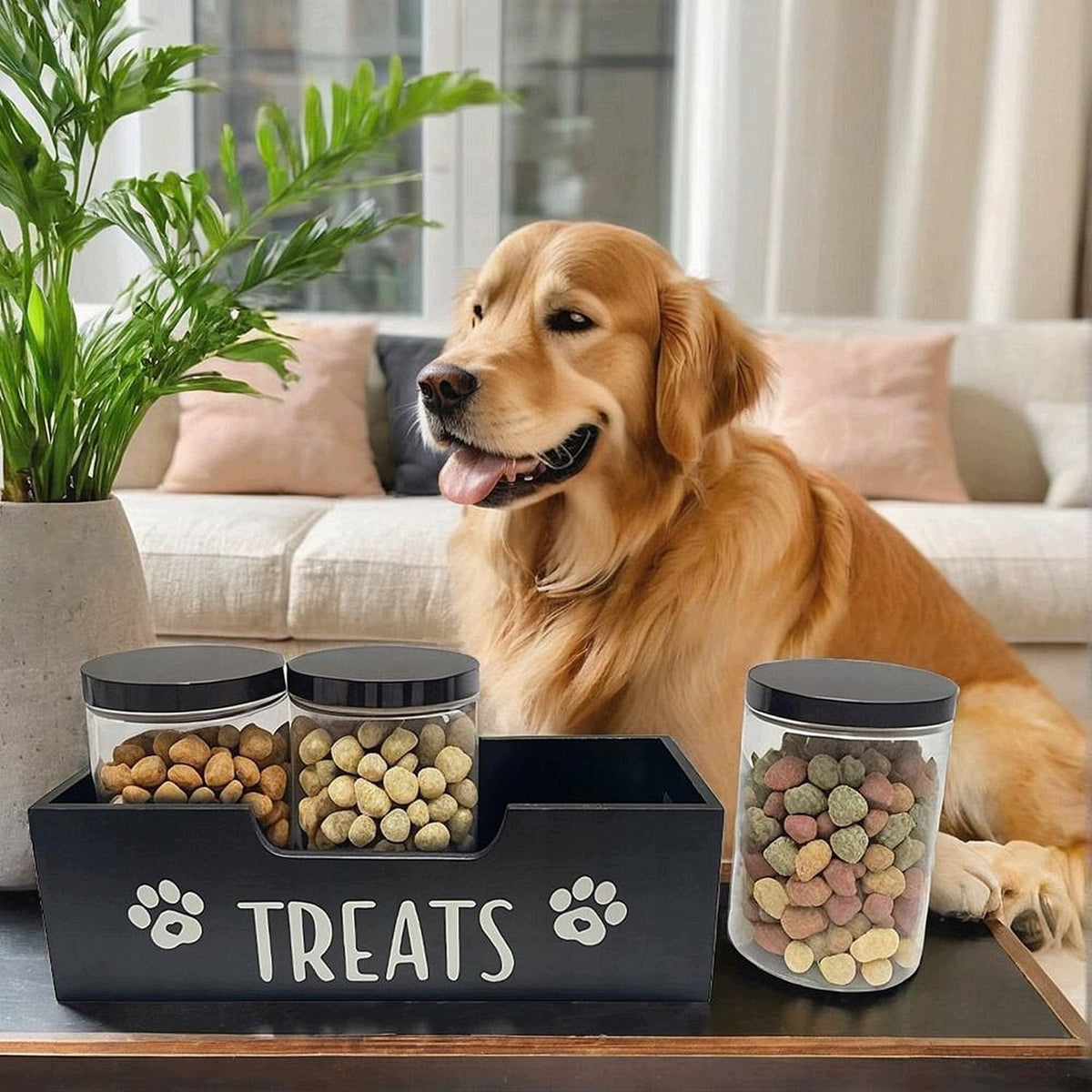 WOODEN DOG TREAT ORGANIZER WITH 3 AIRTIGHT CONTAINERS BLACK Packaging status original