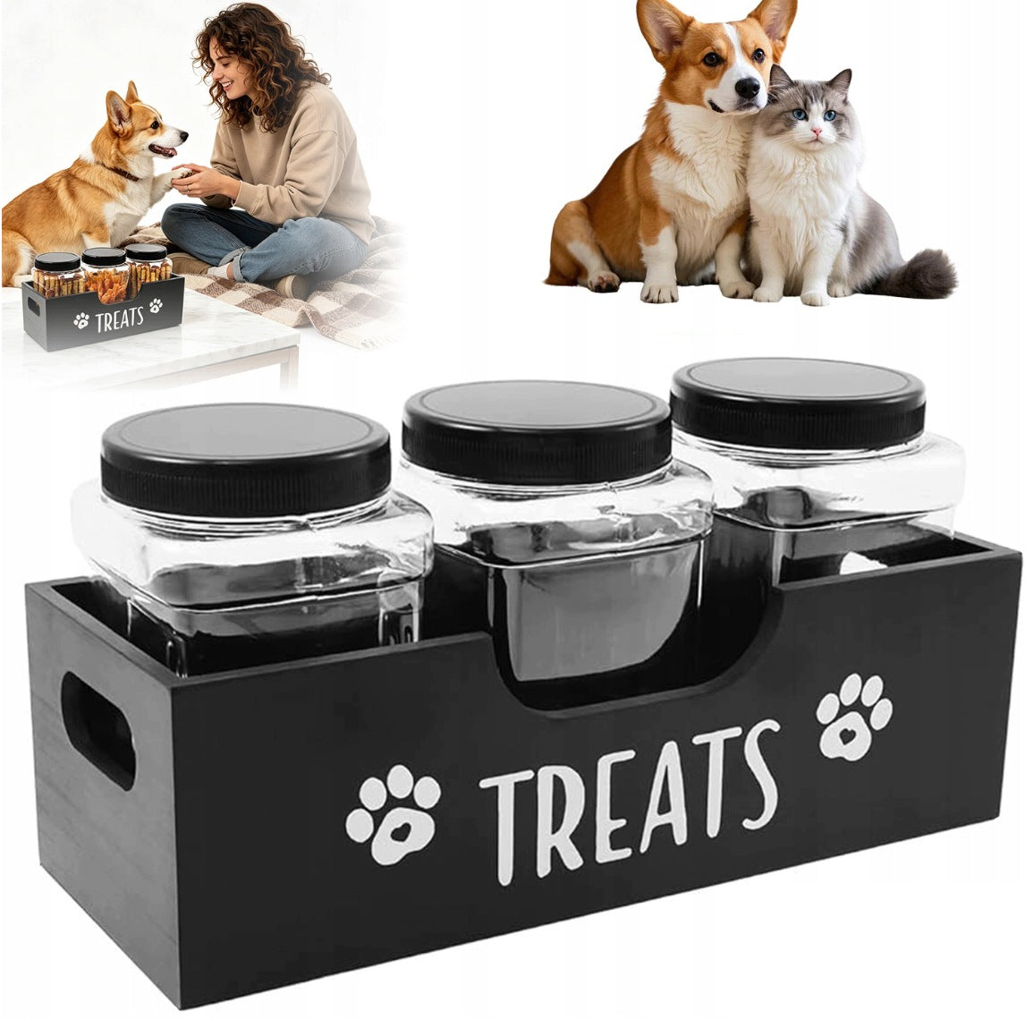 WOODEN DOG TREAT ORGANIZER WITH 3 AIRTIGHT CONTAINERS BLACK