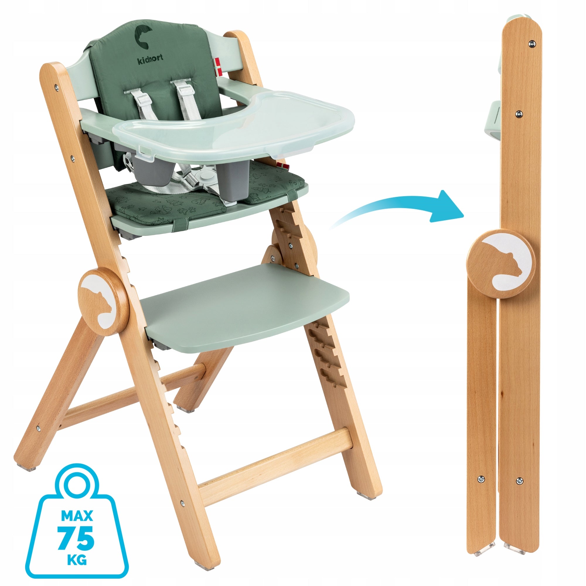 WOODEN FEEDING CHAIR 3in1 DRÖMMER UNIQUE GREEN WITH TRAY BELTS