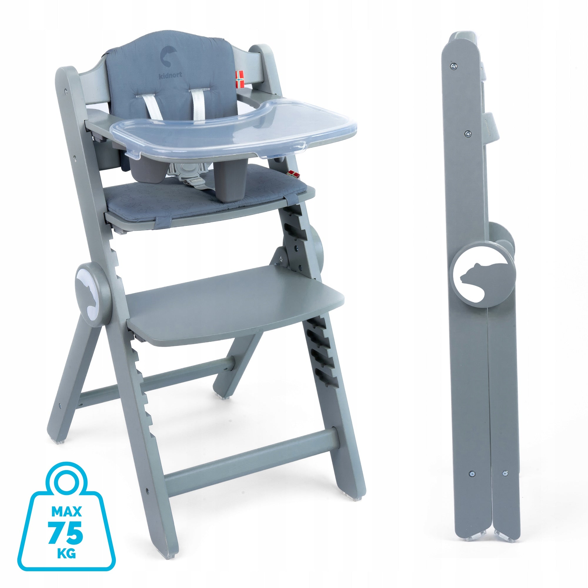 WOODEN FEEDING CHAIR 3in1 DRÖMMER UNIQUE GREY WITH TRAY AND STRAPS