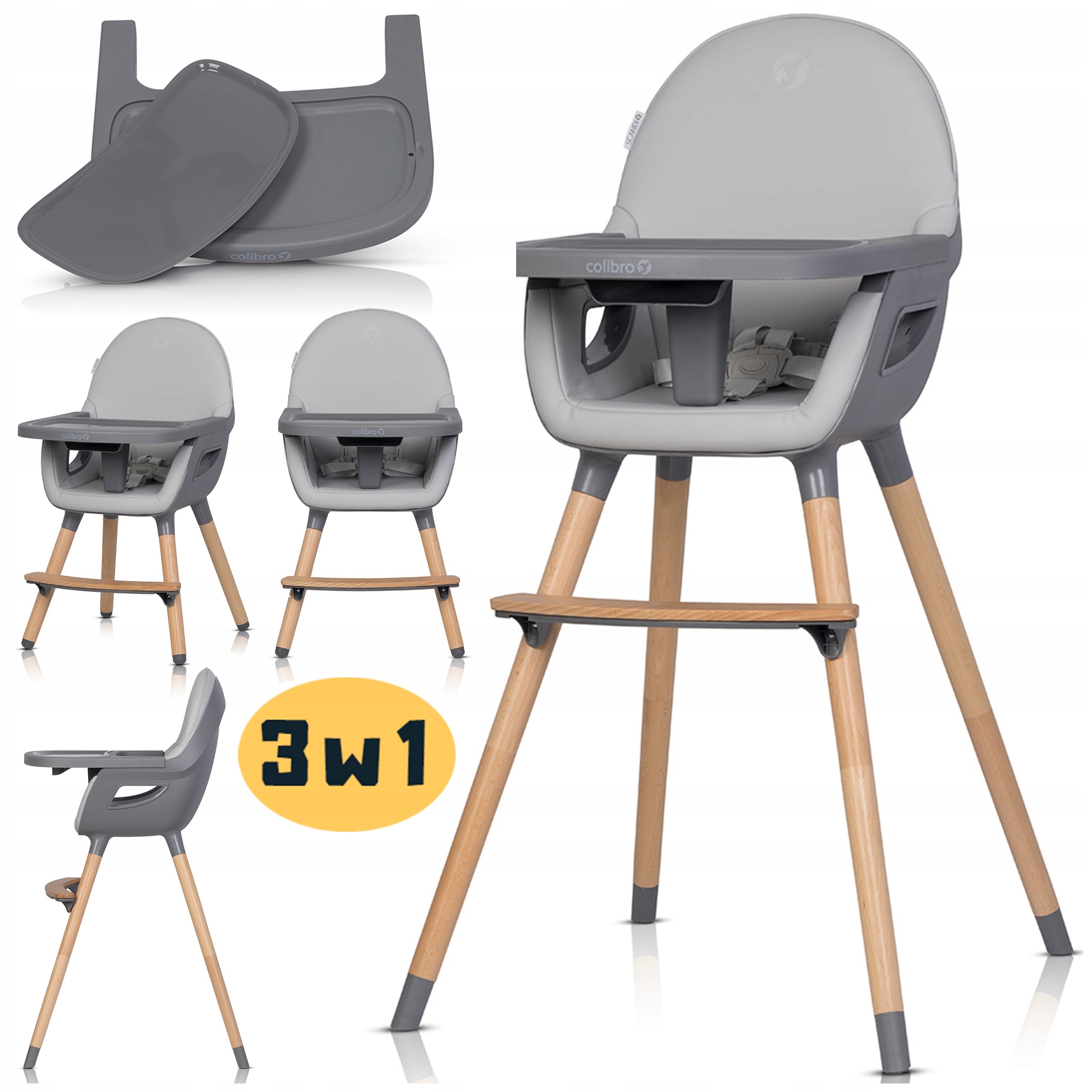 WOODEN FEEDING CHAIR 3in1 FOLDING CHILD SEAT 2x TRAY