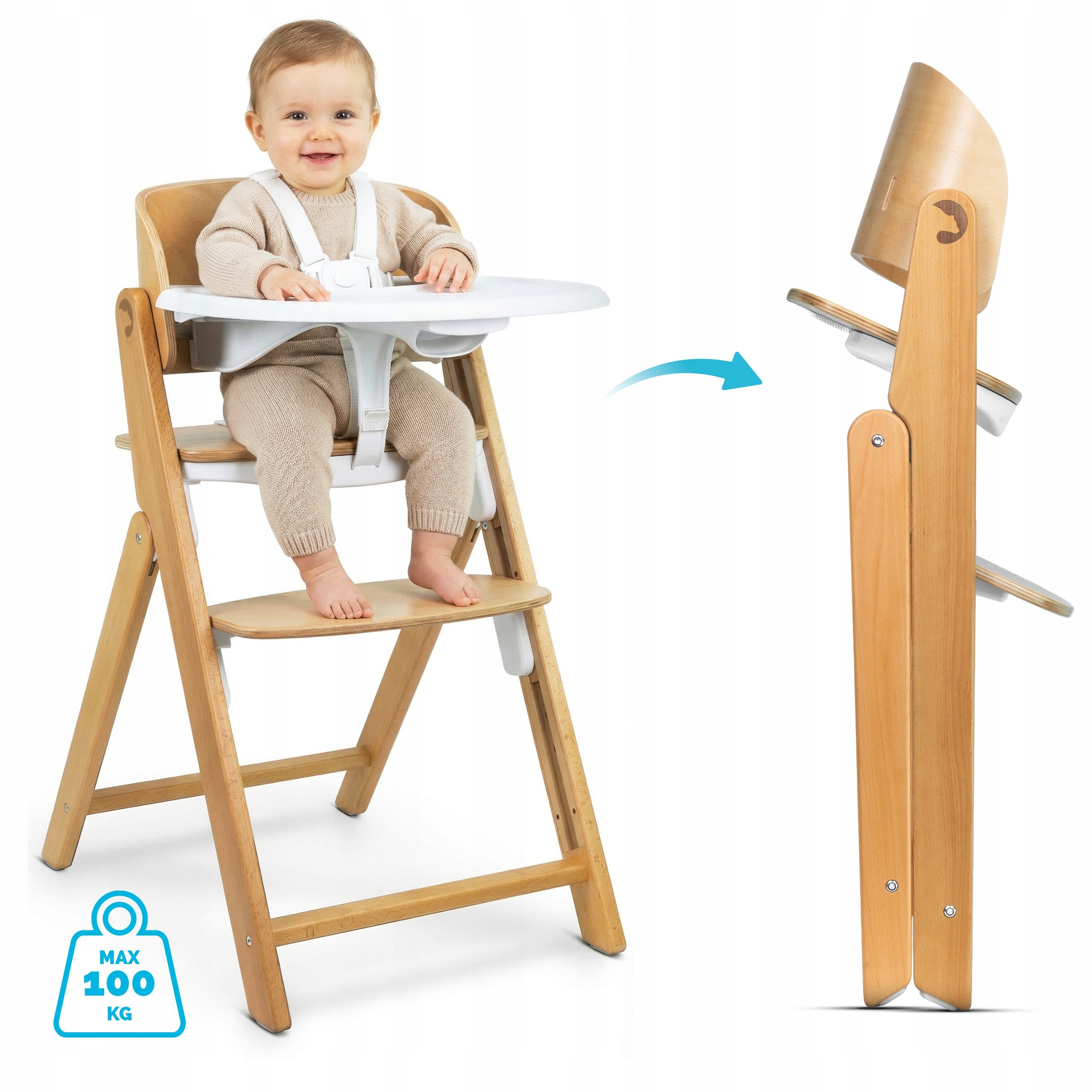 WOODEN FEEDING CHAIR 4in1 SCALE Natural WITH TRAY AND STRAPS
