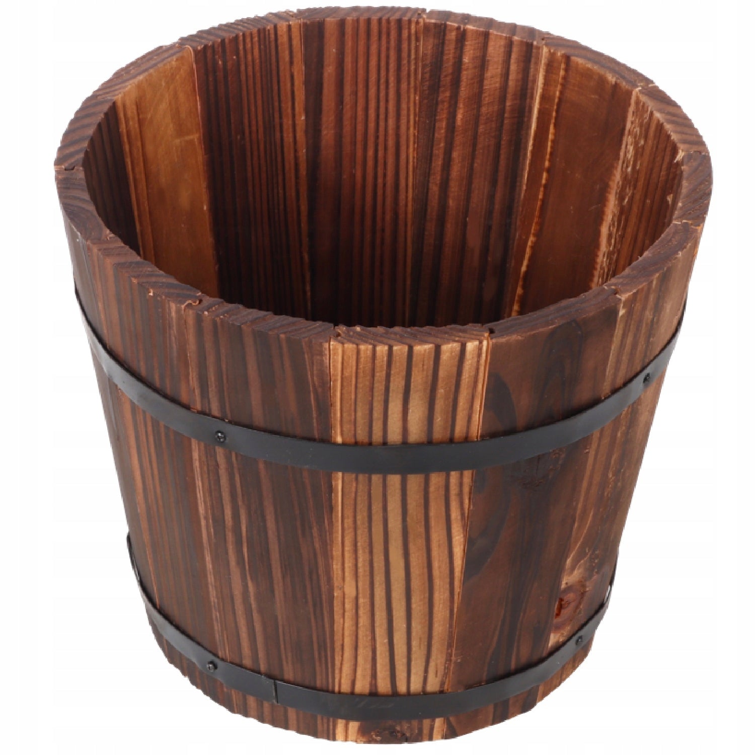 WOODEN FLOWER POT, metal rims, Goliat flower pot Packaging status original