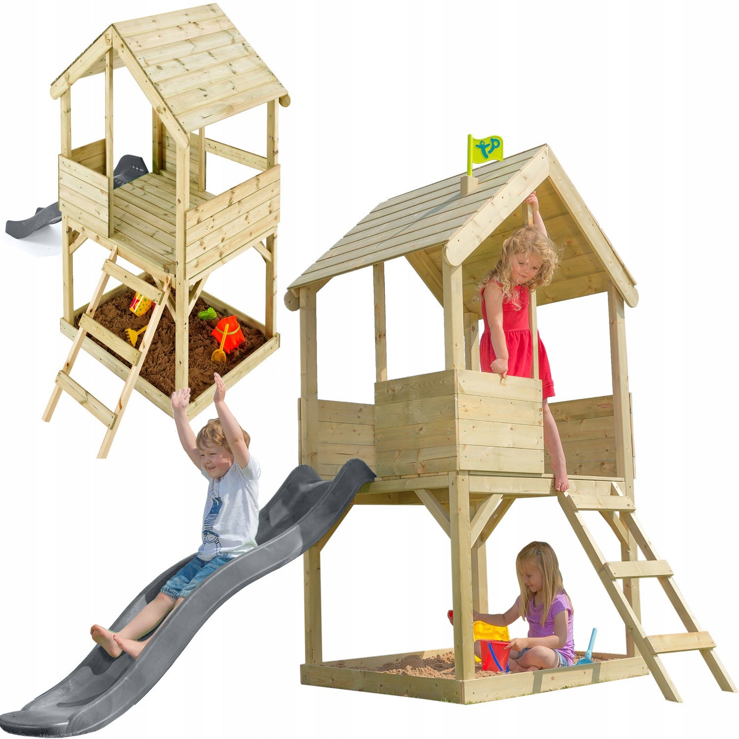 WOODEN GARDEN HOUSE ON STILTS SLIDE GREY Sandbox SQUARE TOYS