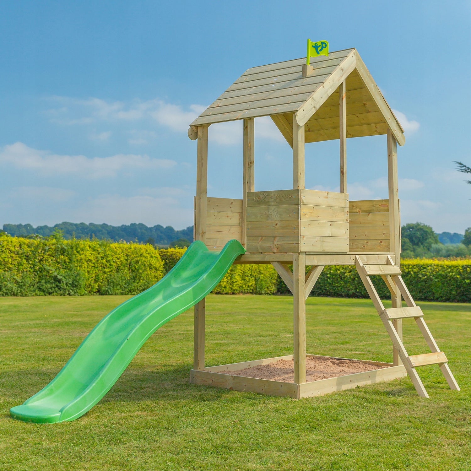 WOODEN GARDEN HOUSE ON STILTS SLIDE Sandbox TOWER SQUARE TOYS Included house ladder sandbox slide
