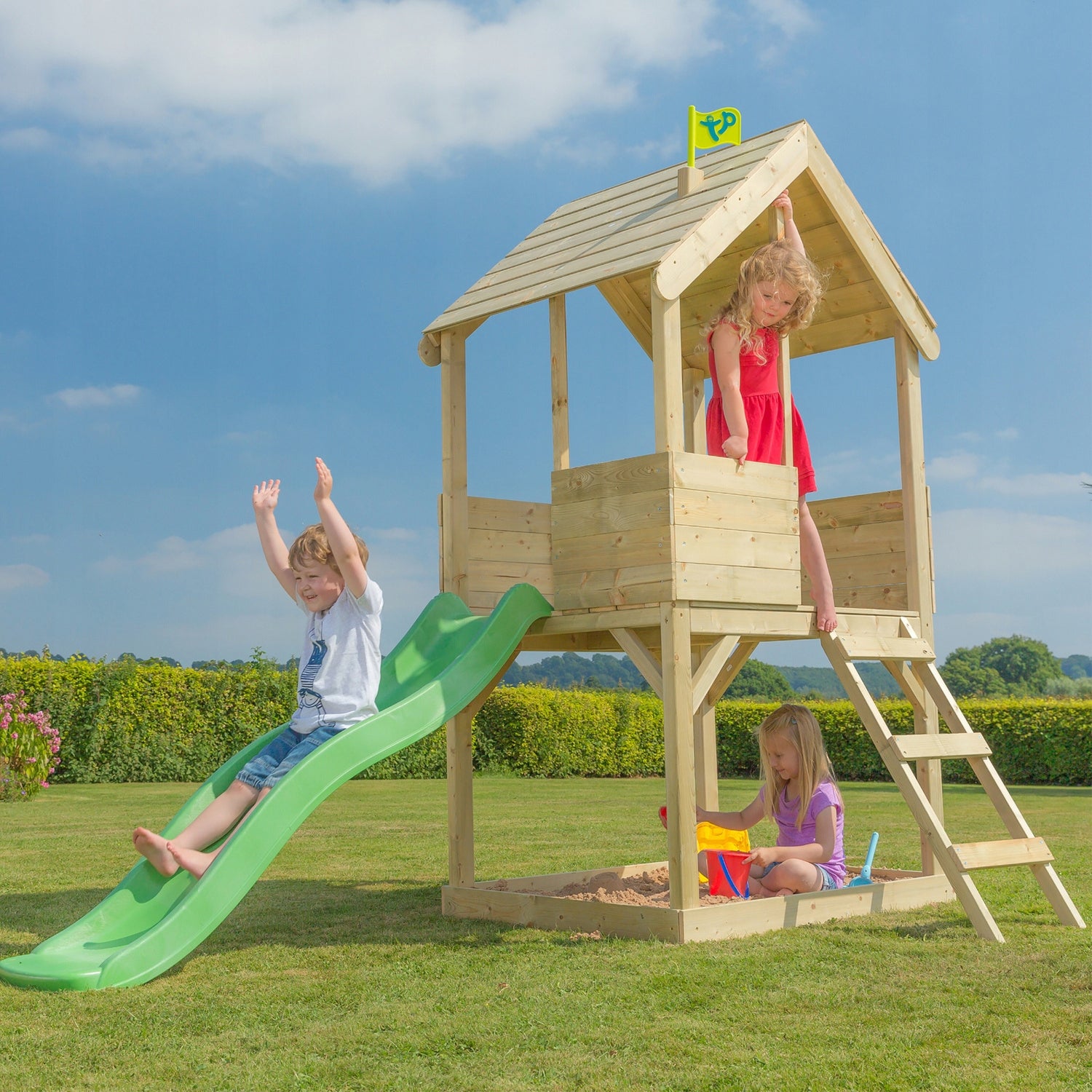 WOODEN GARDEN HOUSE ON STILTS SLIDE Sandbox TOWER SQUARE TOYS Packaging status original