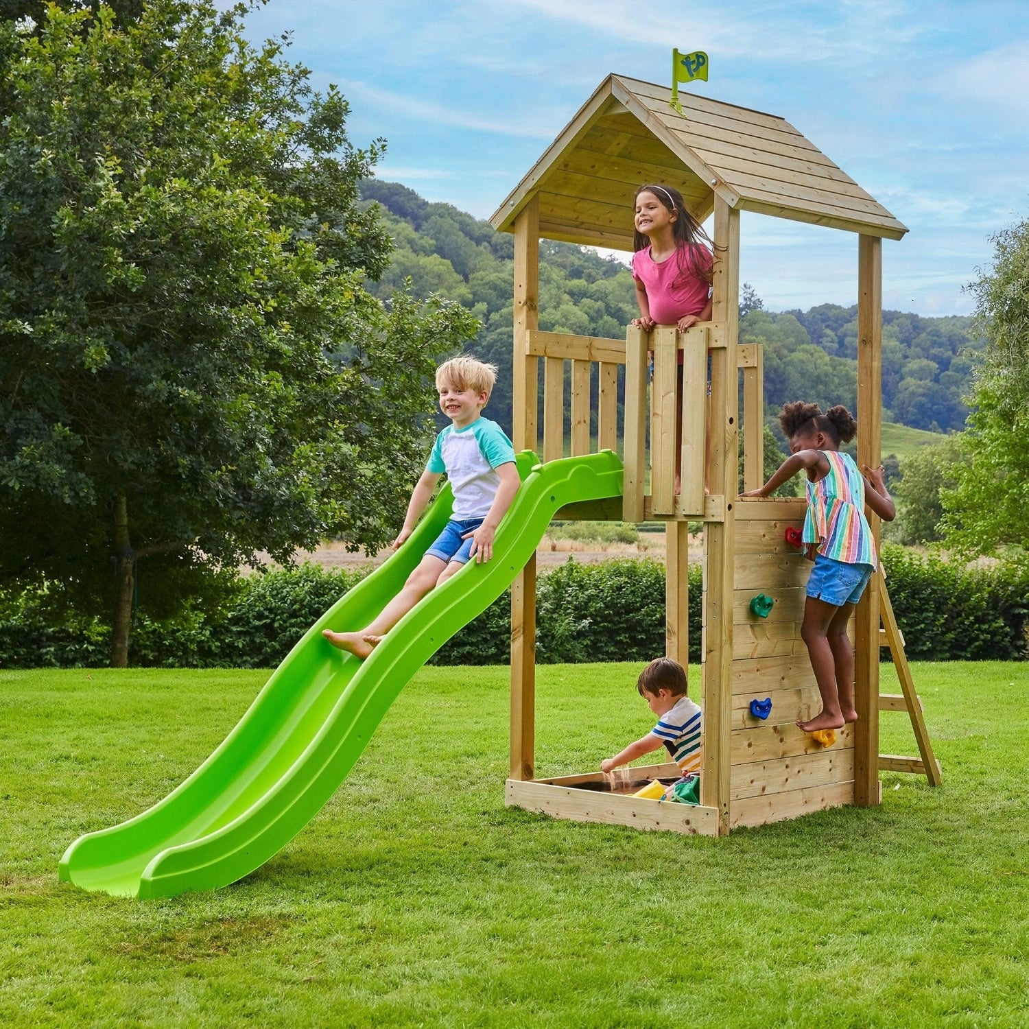 WOODEN GARDEN HOUSE for children SLIDE Sandbox SQUARE TOYS 4in1 Brand TP Toys