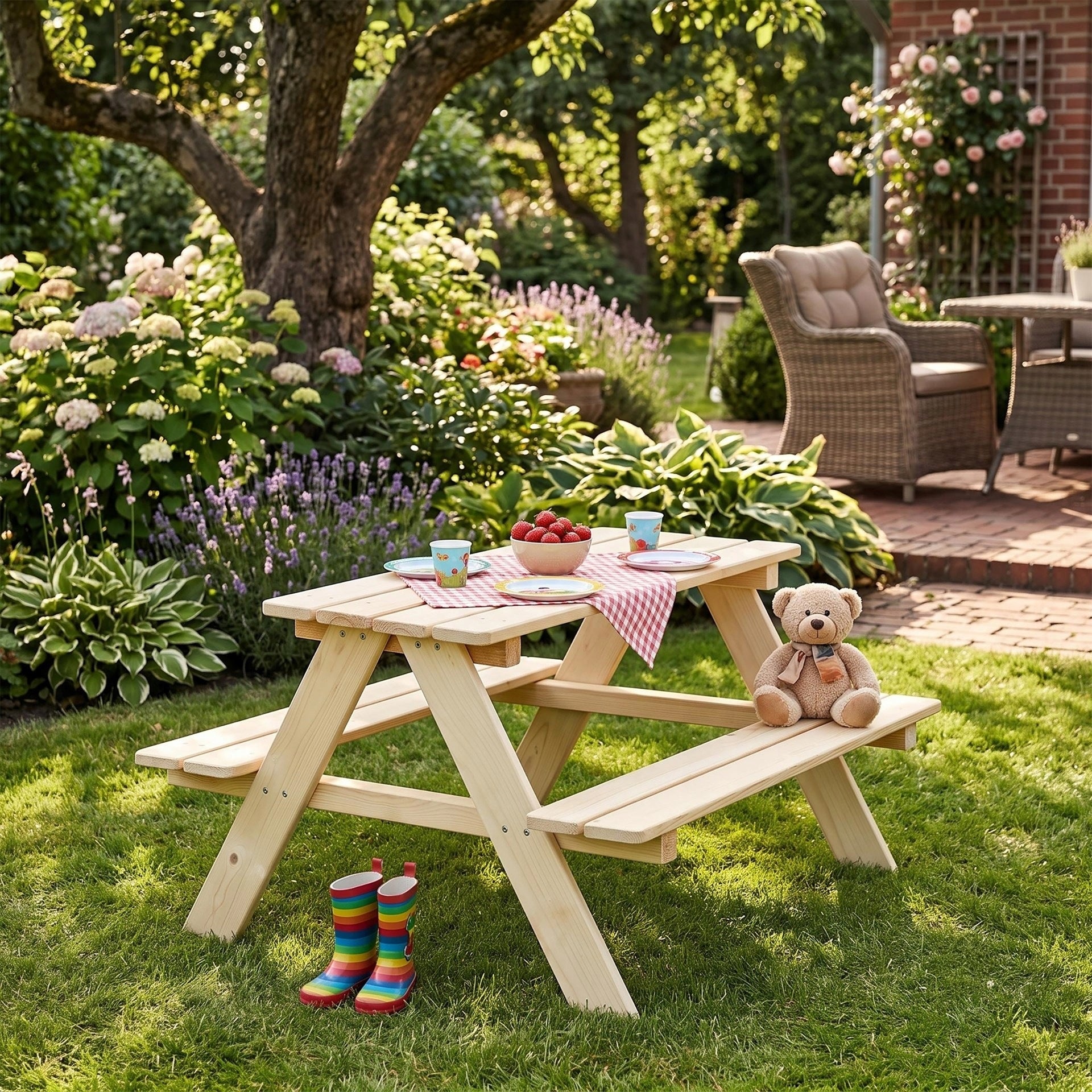 WOODEN GARDEN TABLE CHILDREN'S TABLE LARGE + PICNIC BENCHES 90 cm Manufacturer code BE003