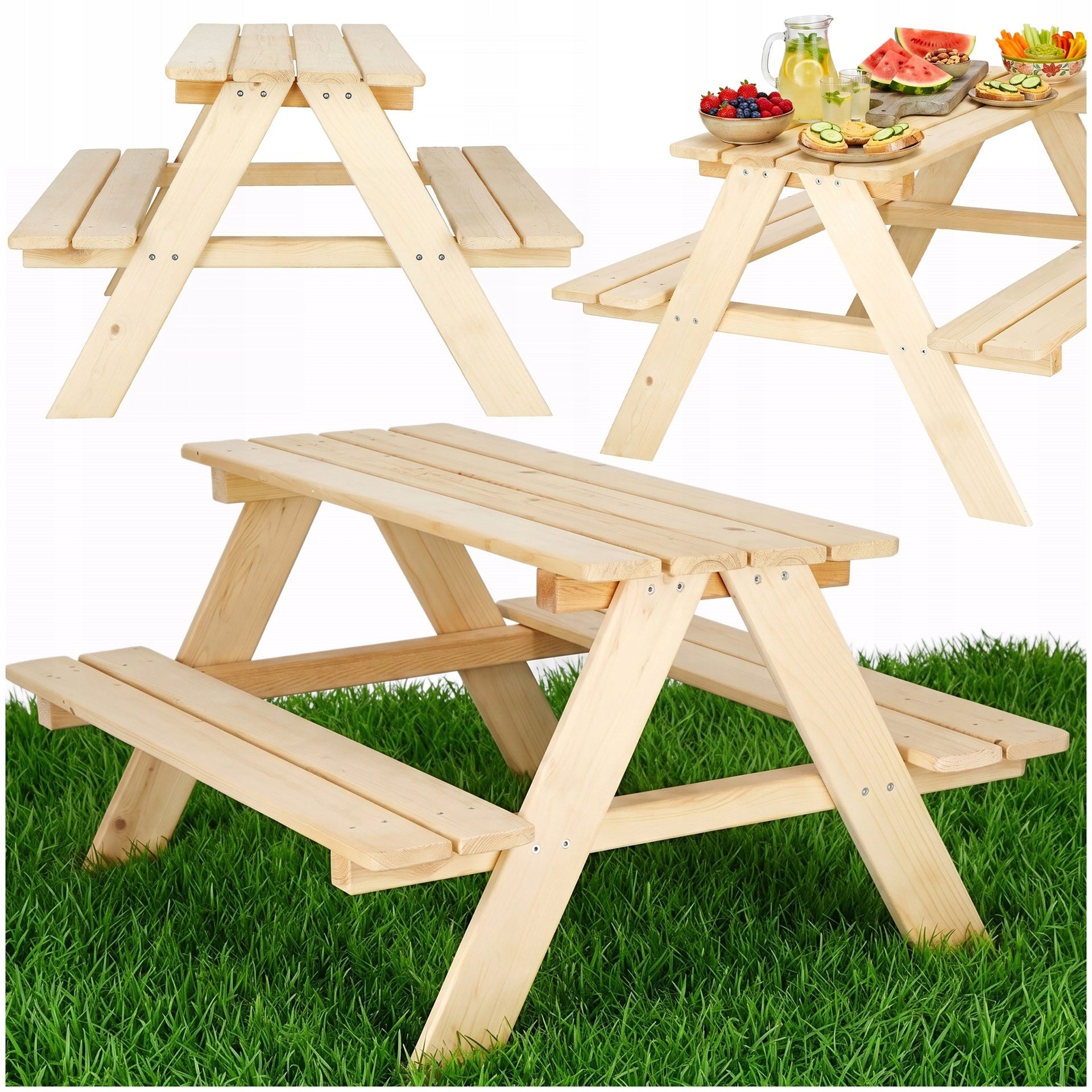 WOODEN GARDEN TABLE CHILDREN'S TABLE LARGE + PICNIC BENCHES 90 cm