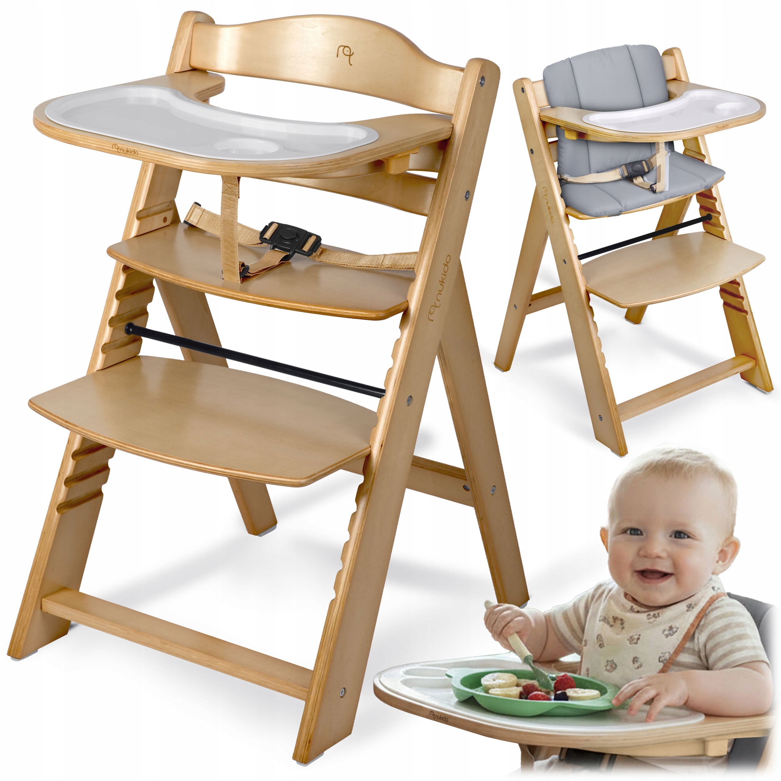 WOODEN HIGHCHAIR TRAY SOLID adjustable straps Nukido