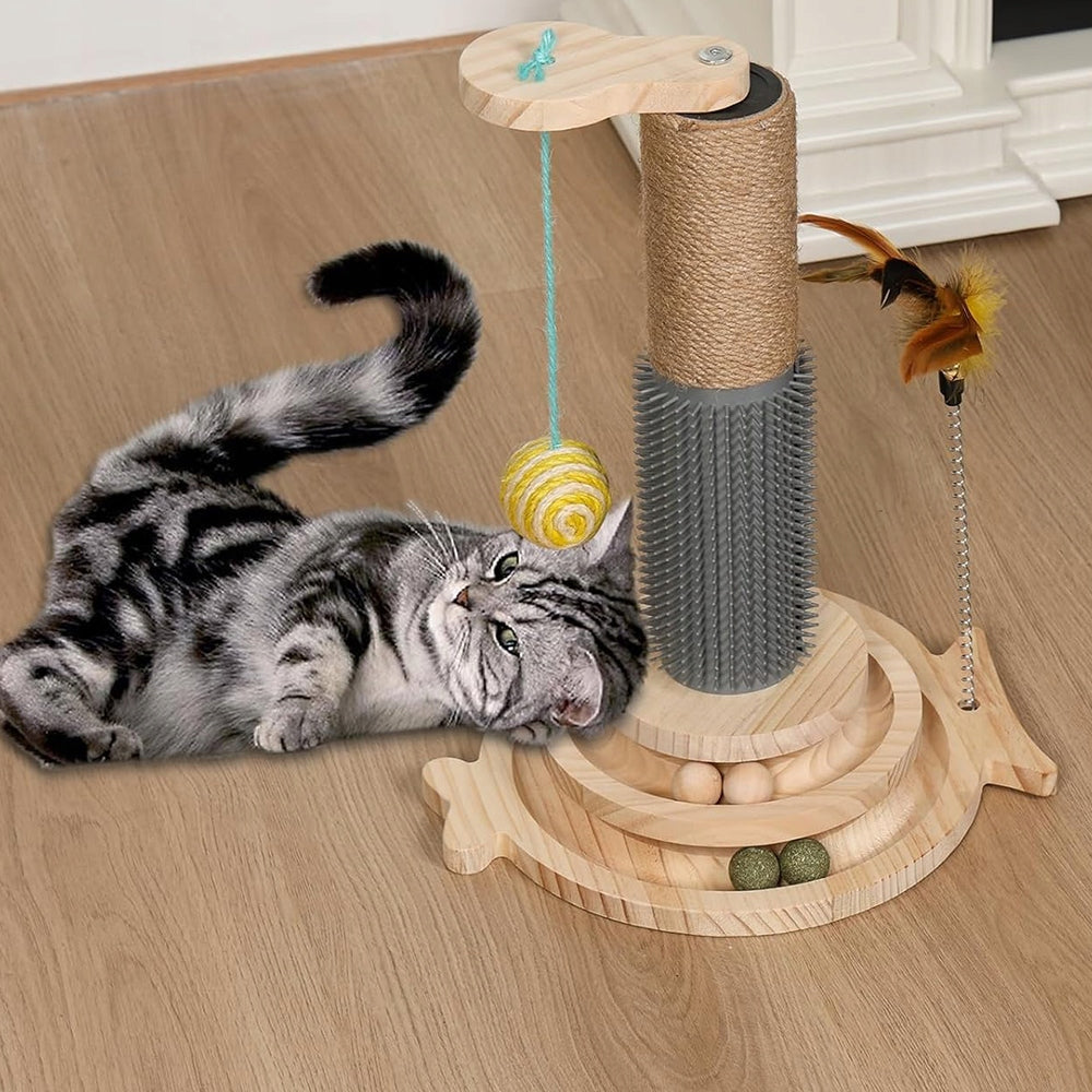 WOODEN INTERACTIVE CAT TOY WITH TWO BALL TRACKS AND SCRATCHER Packaging status original