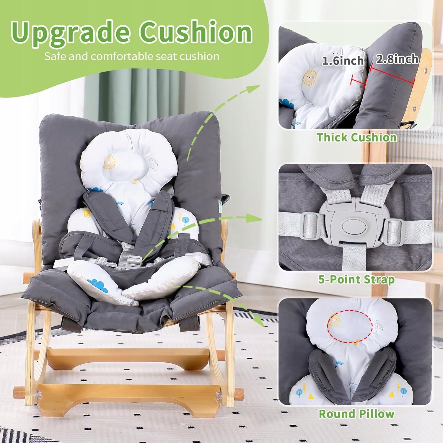 WOODEN LOUNGER, ROCKING CHAIR FOR BABIES MALLBEST 3in1. GREY. Brand TULANO