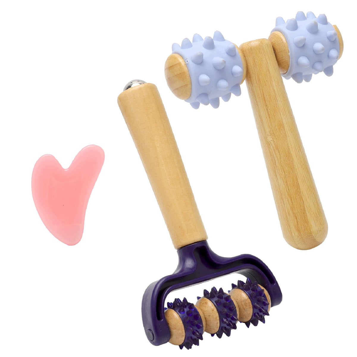 WOODEN MASSAGE ROLLERS SET OF 4 BLUE PURPLE HEDGEHOG BALL