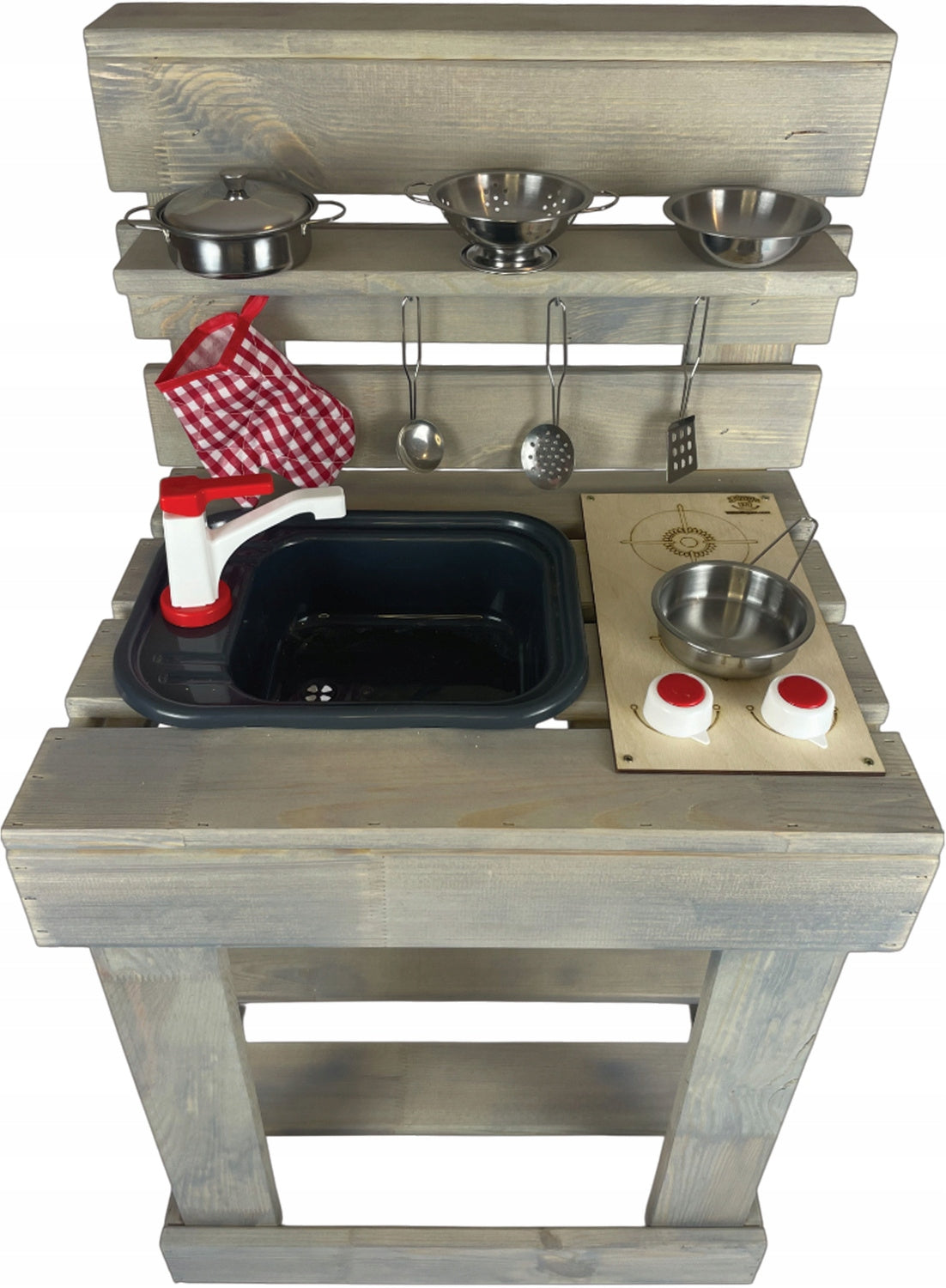 WOODEN OUTDOOR GARDEN KITCHEN MUD LARGE + STEEL DISH SET Brand 3toysm