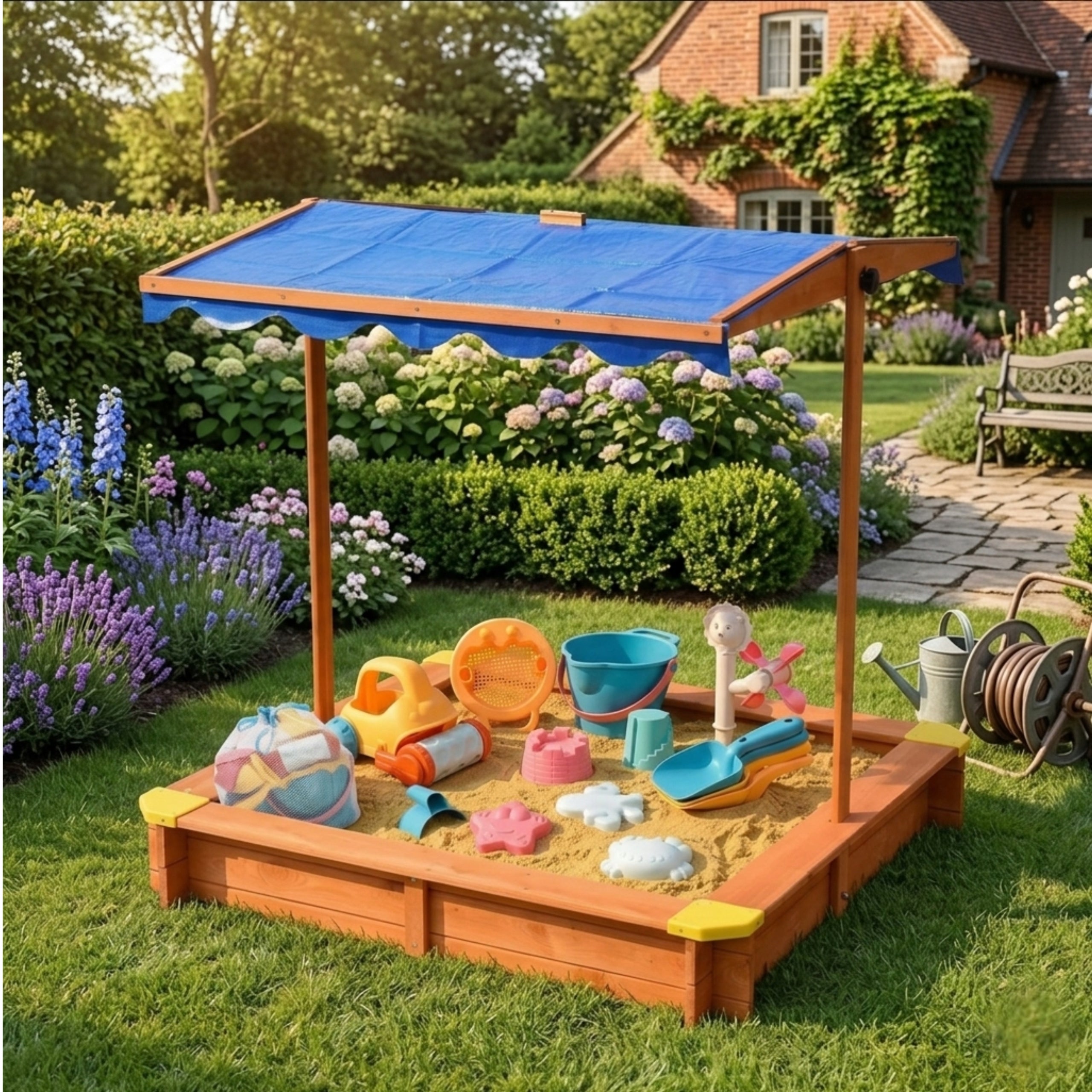 WOODEN SANDBOX 117X117 CM + 14 SAND TOYS SET Product width 117 cm