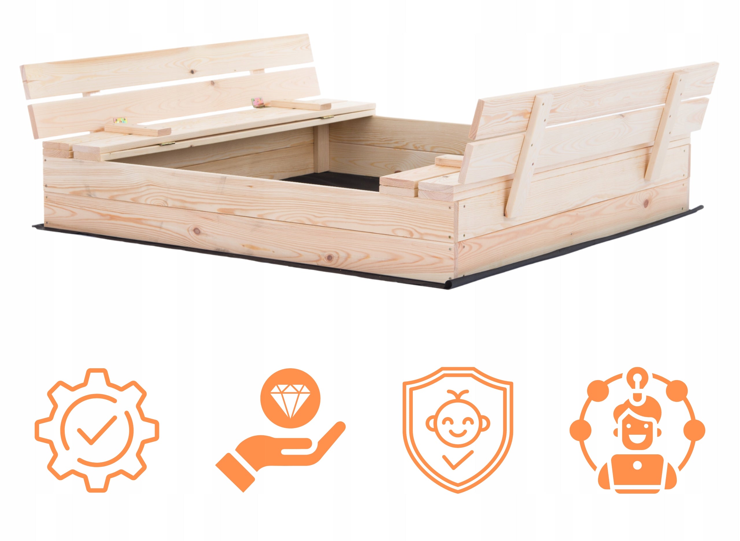 WOODEN SANDBOX CLOSED WITH BENCHES PREMIUM 120x120cm + FREEBIES Kid's age 18＋ months