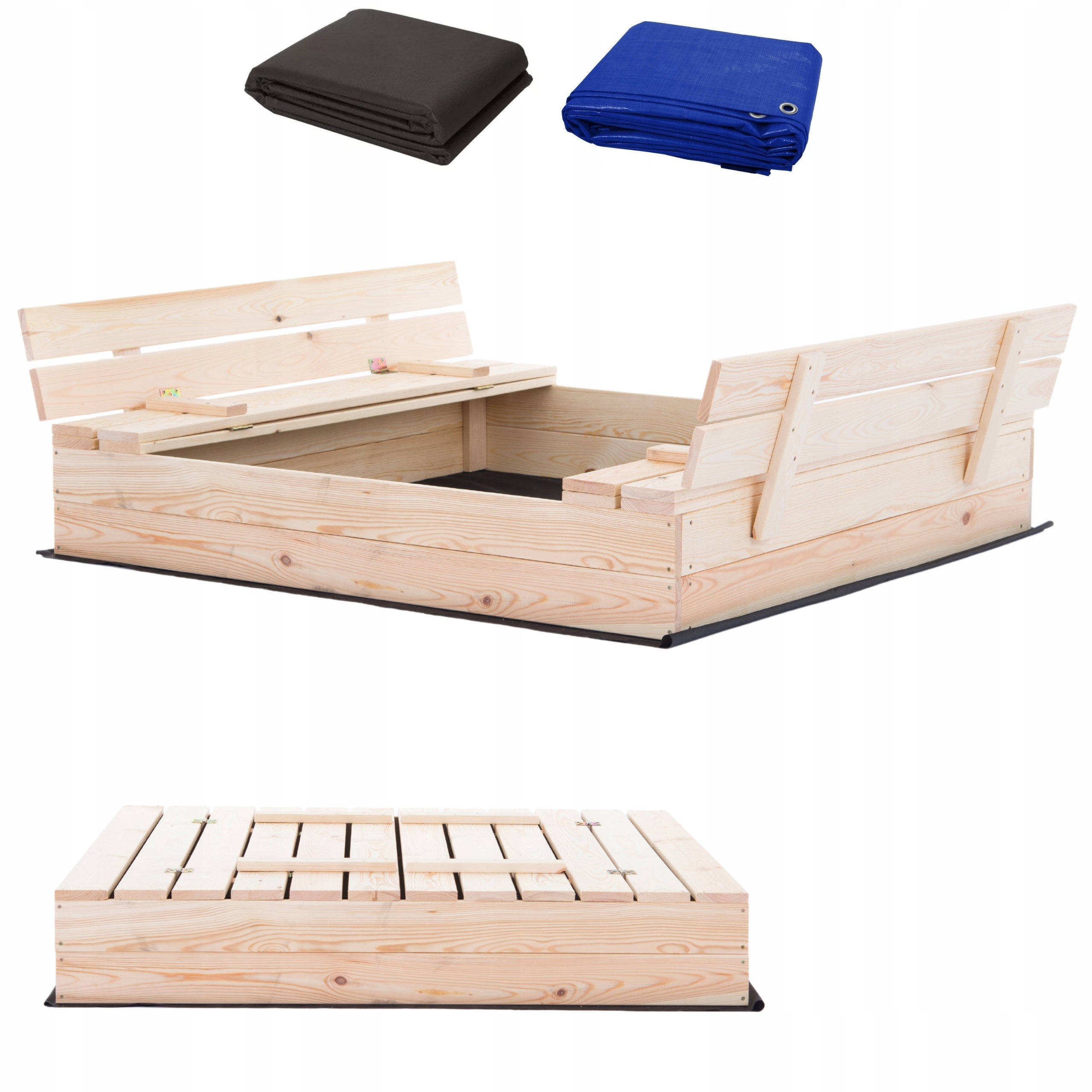 WOODEN SANDBOX CLOSED WITH BENCHES PREMIUM 120x120cm + FREEBIES