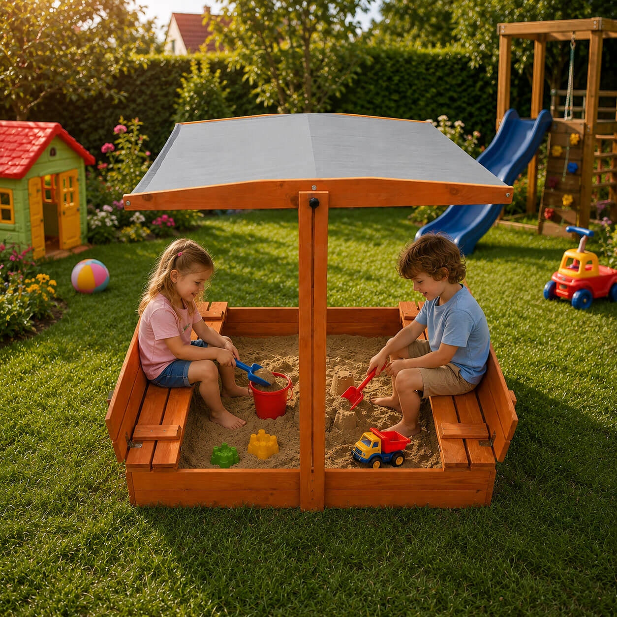 WOODEN SANDBOX CLOSED WITH CANOPY BENCH IMPREGNATED 120X120 CM Brand Świat Dziecka