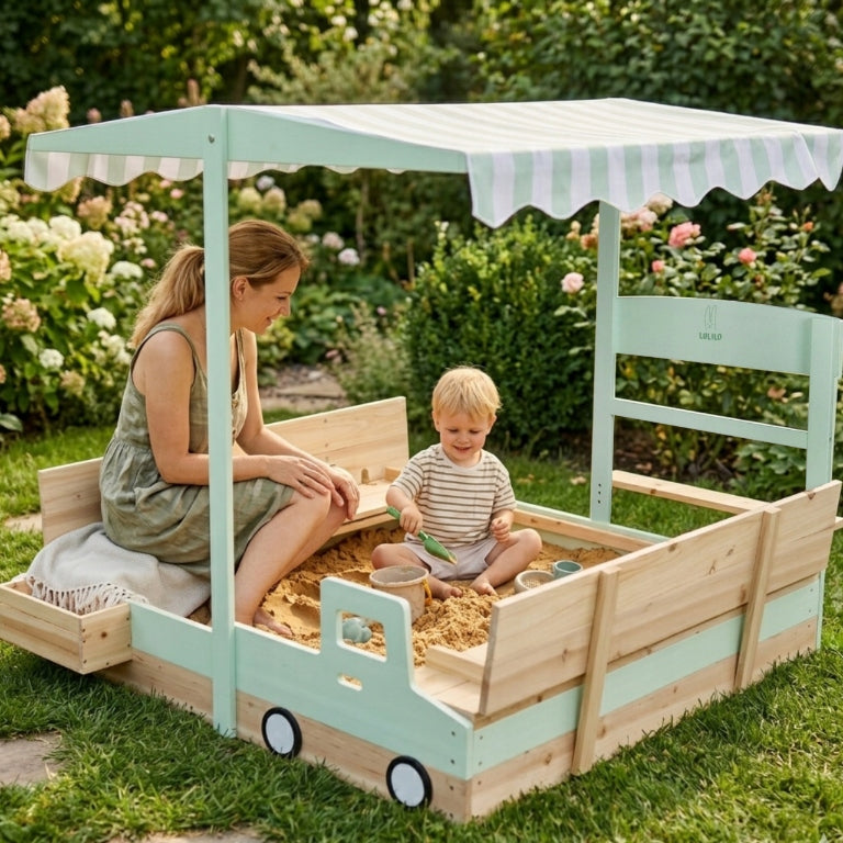 WOODEN SANDBOX FOR CHILDREN WITH CANOPY BENCHES CLOSED GARDEN 120CM Brand Ikonka
